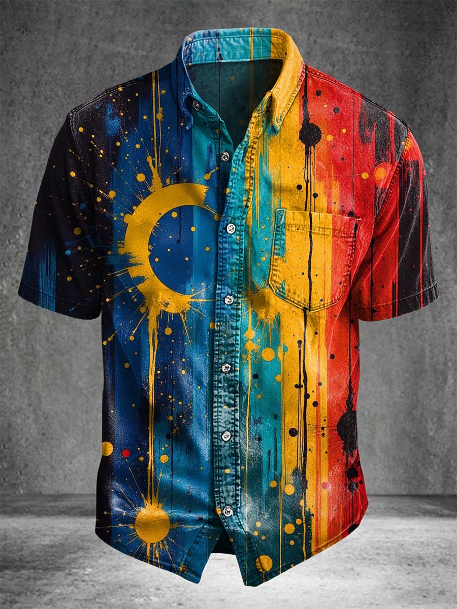 Ink Splash Sun and Moon Print Casual Short-Sleeve Shirt