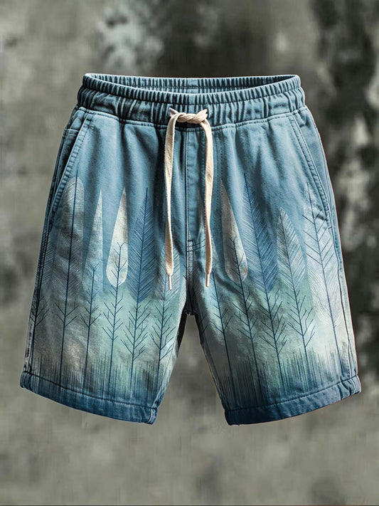 Retro Tribal Feather Print Casual Shorts