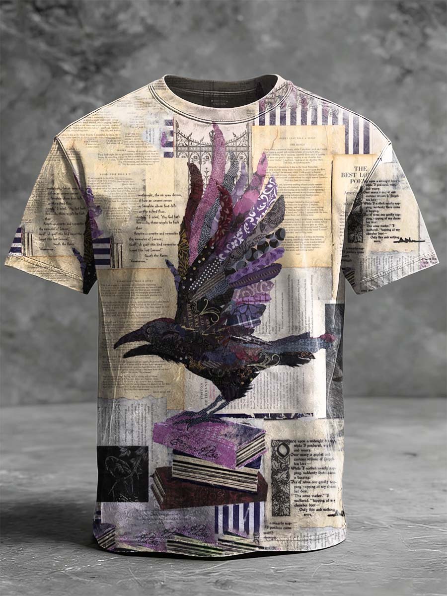 Retro Newspaper Crow Print Casual Short-Sleeved T-Shirt