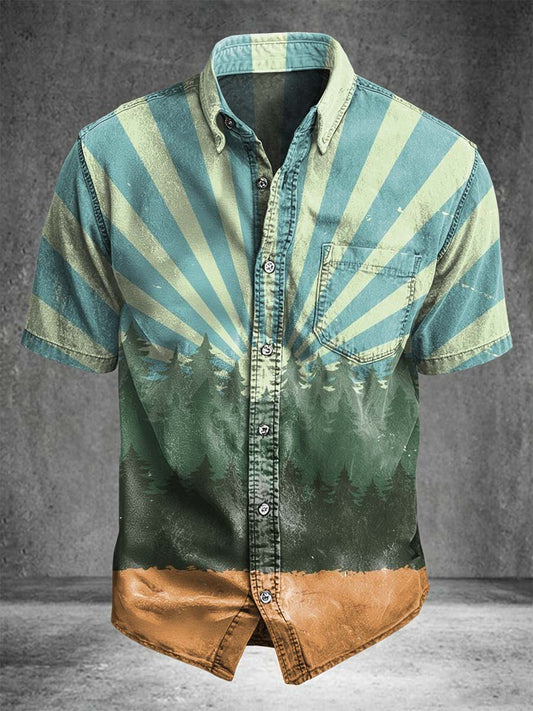 Gradient Forest Print Casual Short-Sleeve Shirt
