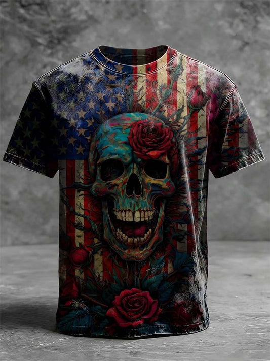National Flag, Skull, And Rose Print Casual Short-Sleeved T-Shirt