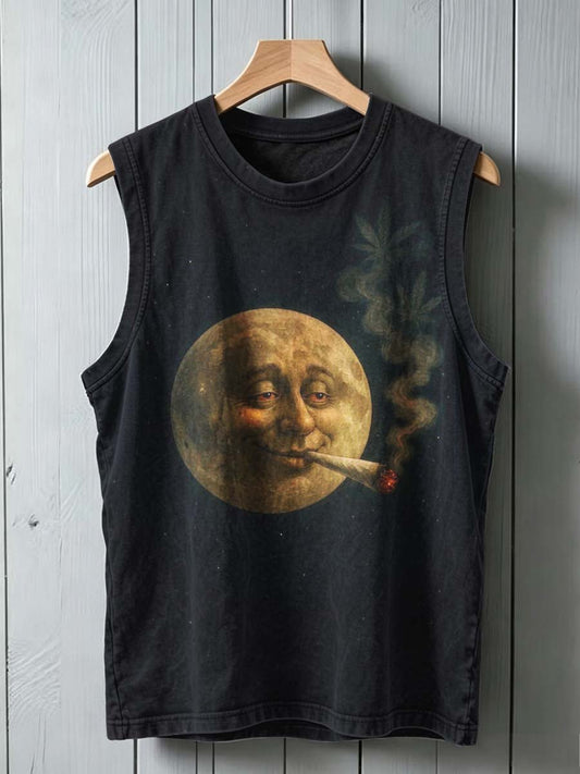 Smoking Moon Print Casual Sleeveless Vest Top