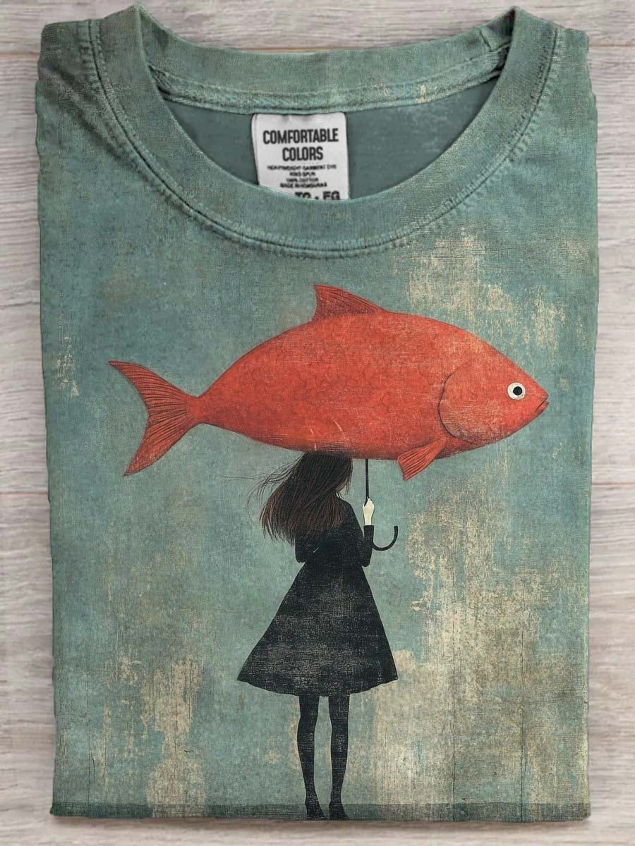 Fish Umbrella Girl Printed Casual Short-Sleeve T-Shirt