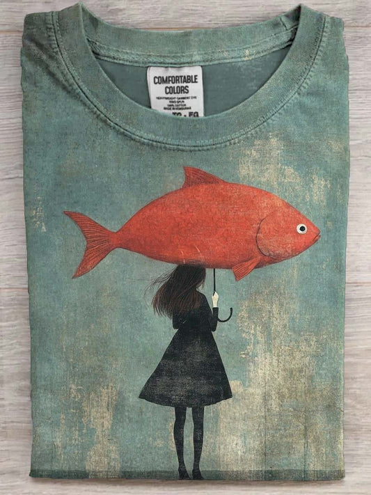 Fish Umbrella Girl Printed Casual Short-Sleeve T-Shirt