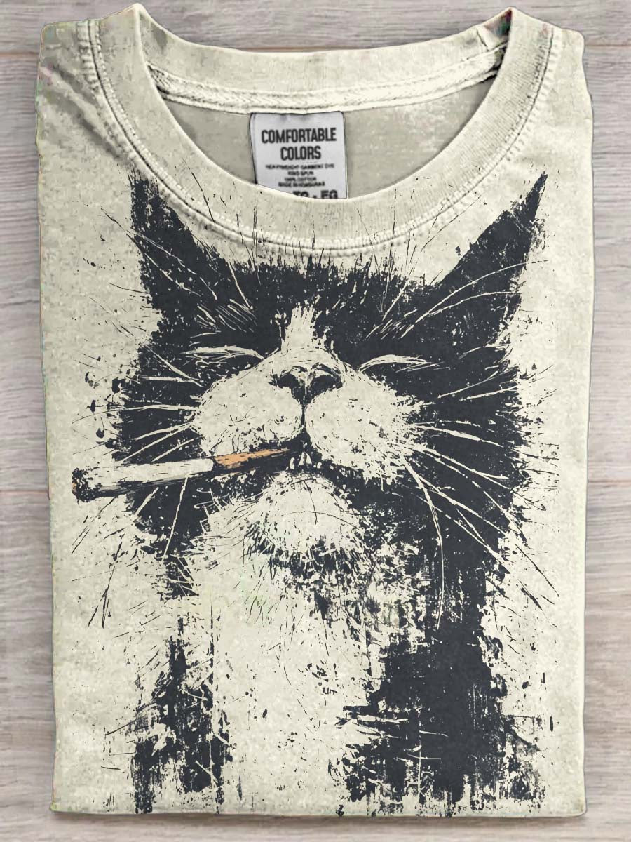 Smoking Cat Print Casual Short-Sleeve T-Shirt