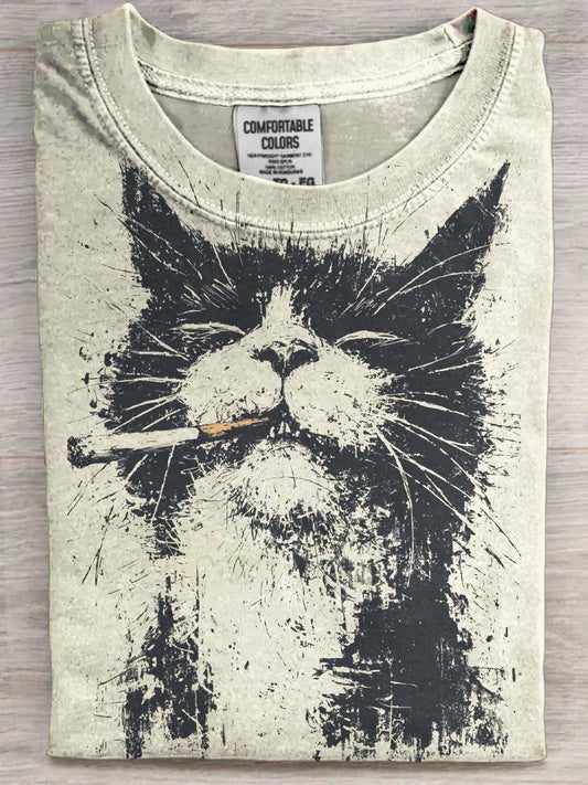Smoking Cat Print Casual Short-Sleeve T-Shirt