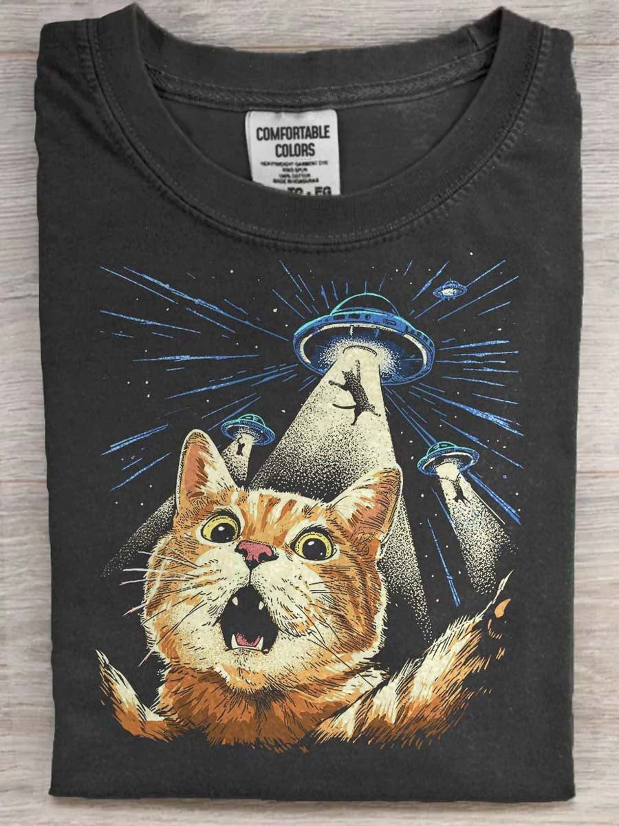 UFO Cat Print Casual Short-Sleeve T-Shirt