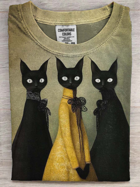 Three Sisters Black Cat Print Casual Short-Sleeve T-Shirt