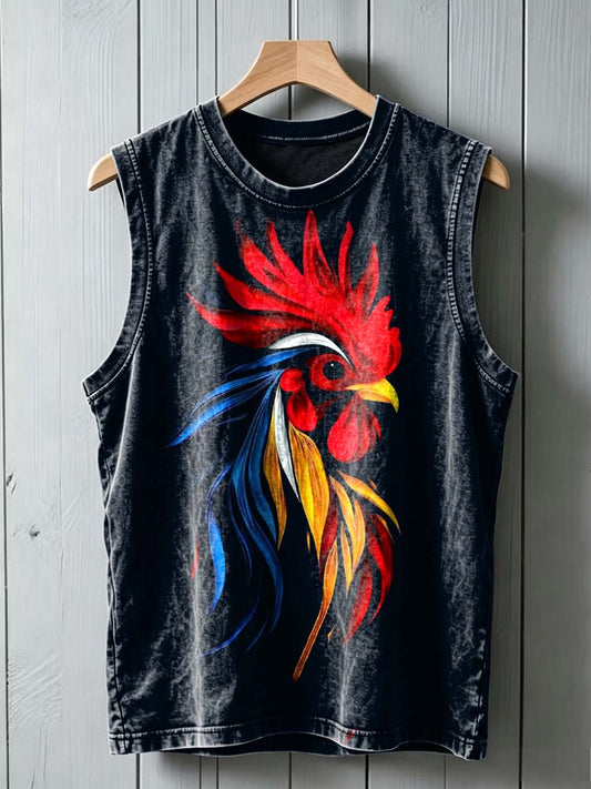 Watercolor Rooster Print Casual Sleeveless Vest Top