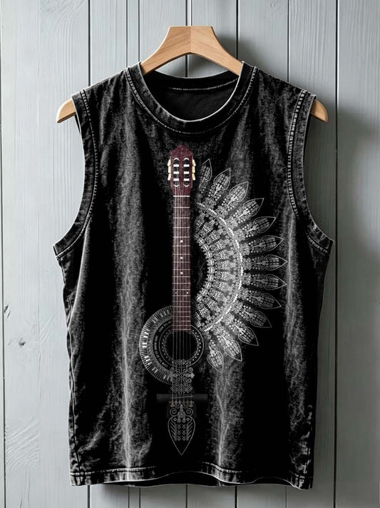 Retro Tribal Guitar Print Casual Sleeveless Vest Top