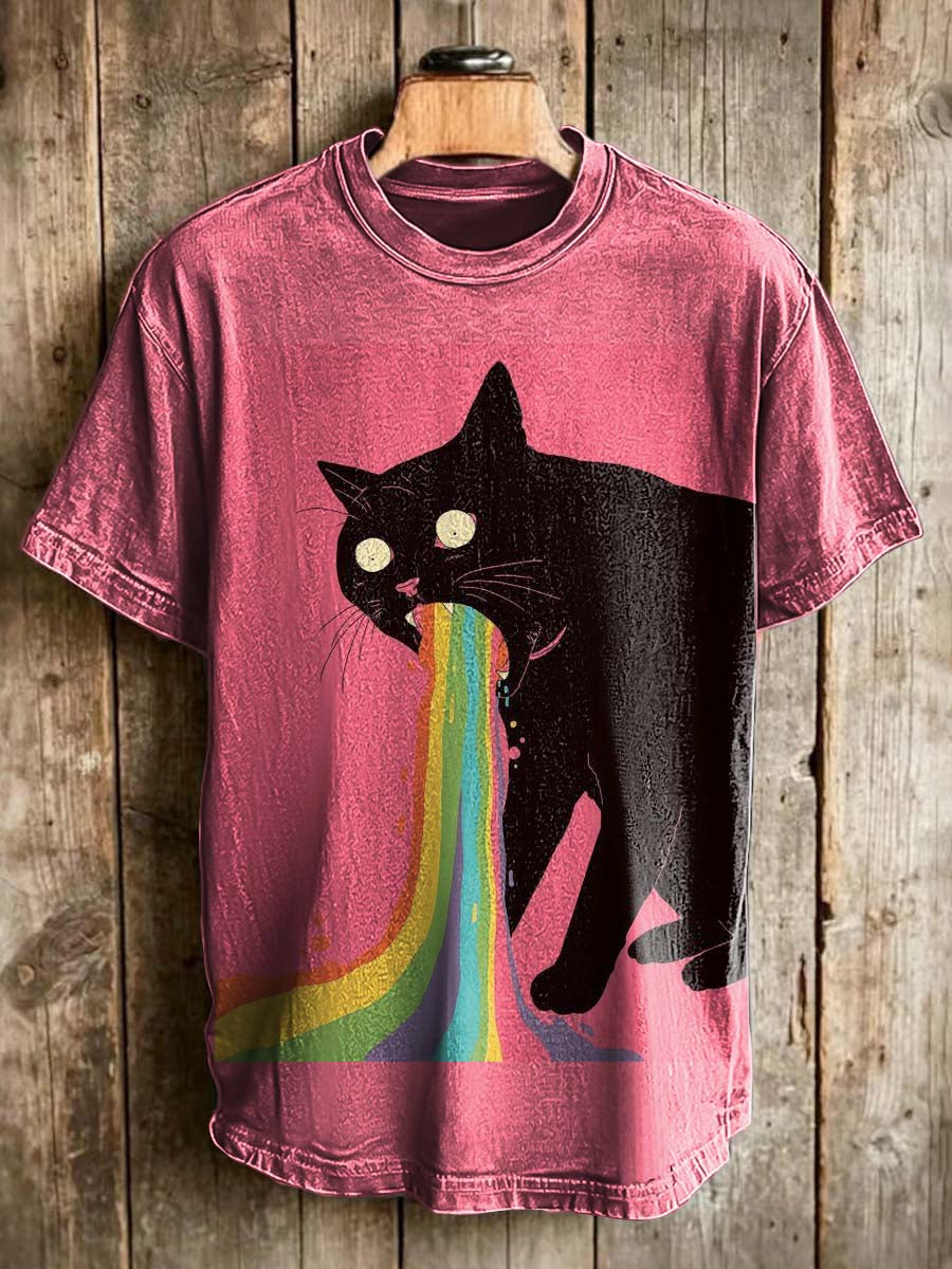 Funny Rainbow Vomiting Cat Print Casual Short-Sleeve T-Shirt
