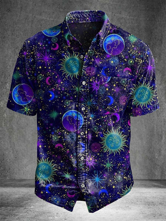 Starry Sky and Sun & Moon Print Casual Short-Sleeve Shirt