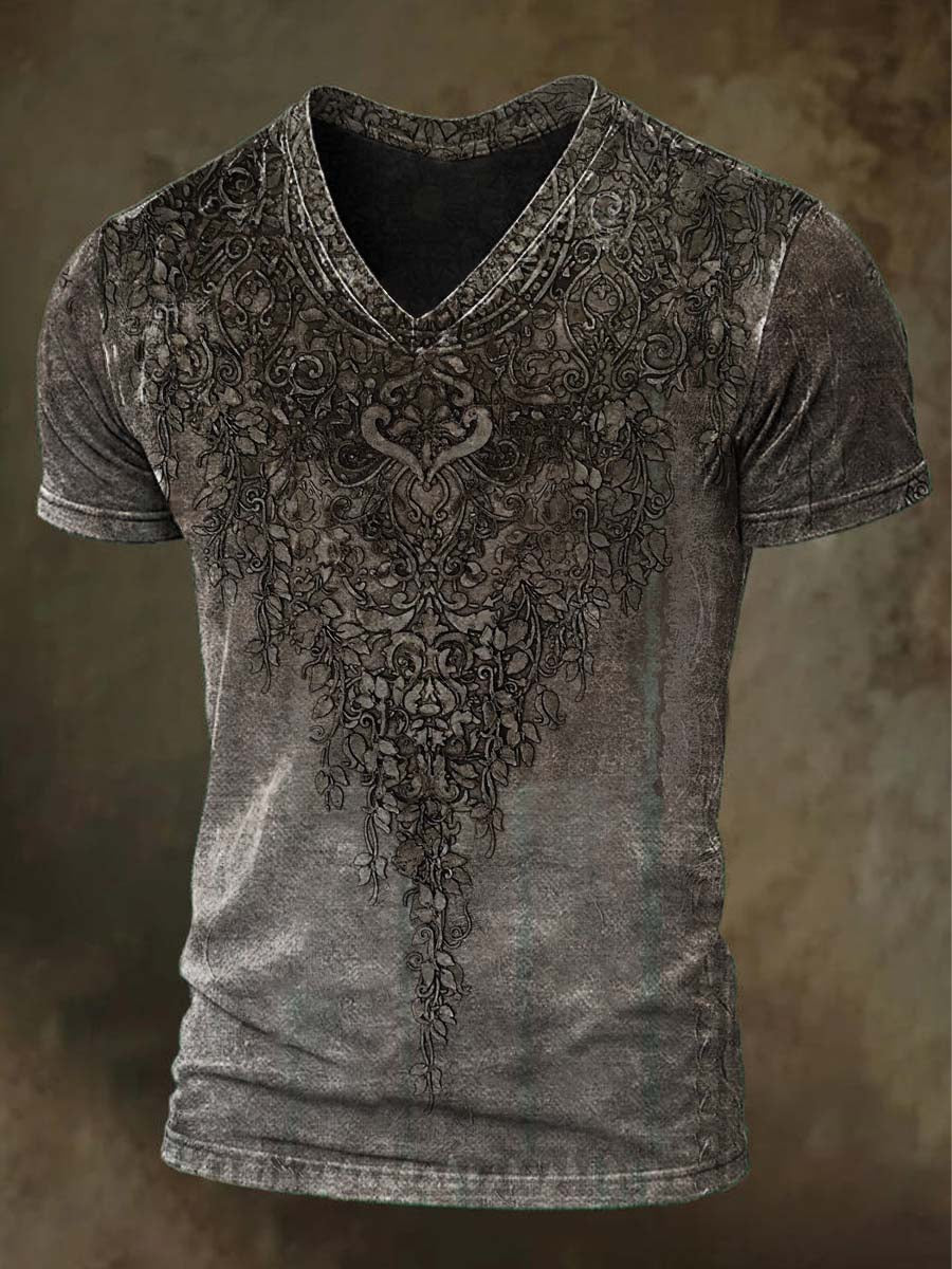 Retro Baroque Carved Floral Print Casual Short-Sleeve V-Neck T-Shirt