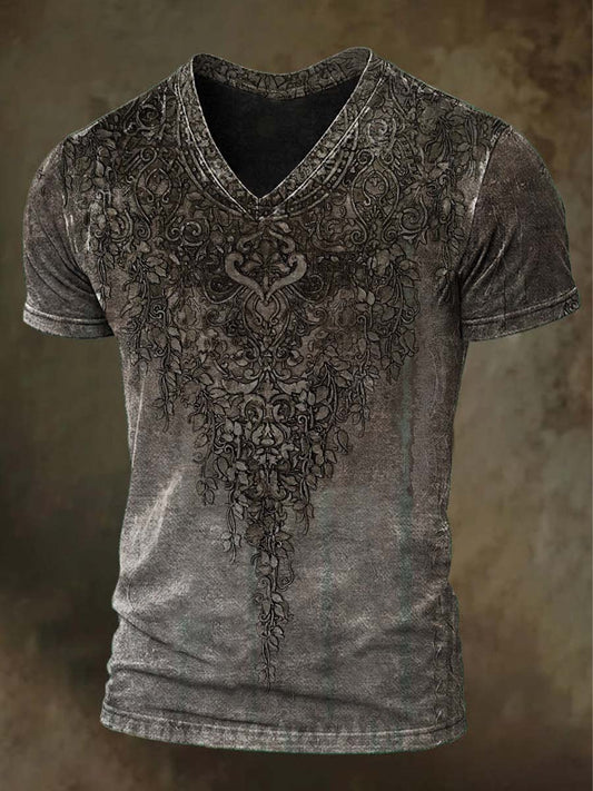 Retro Baroque Carved Floral Print Casual Short-Sleeve V-Neck T-Shirt