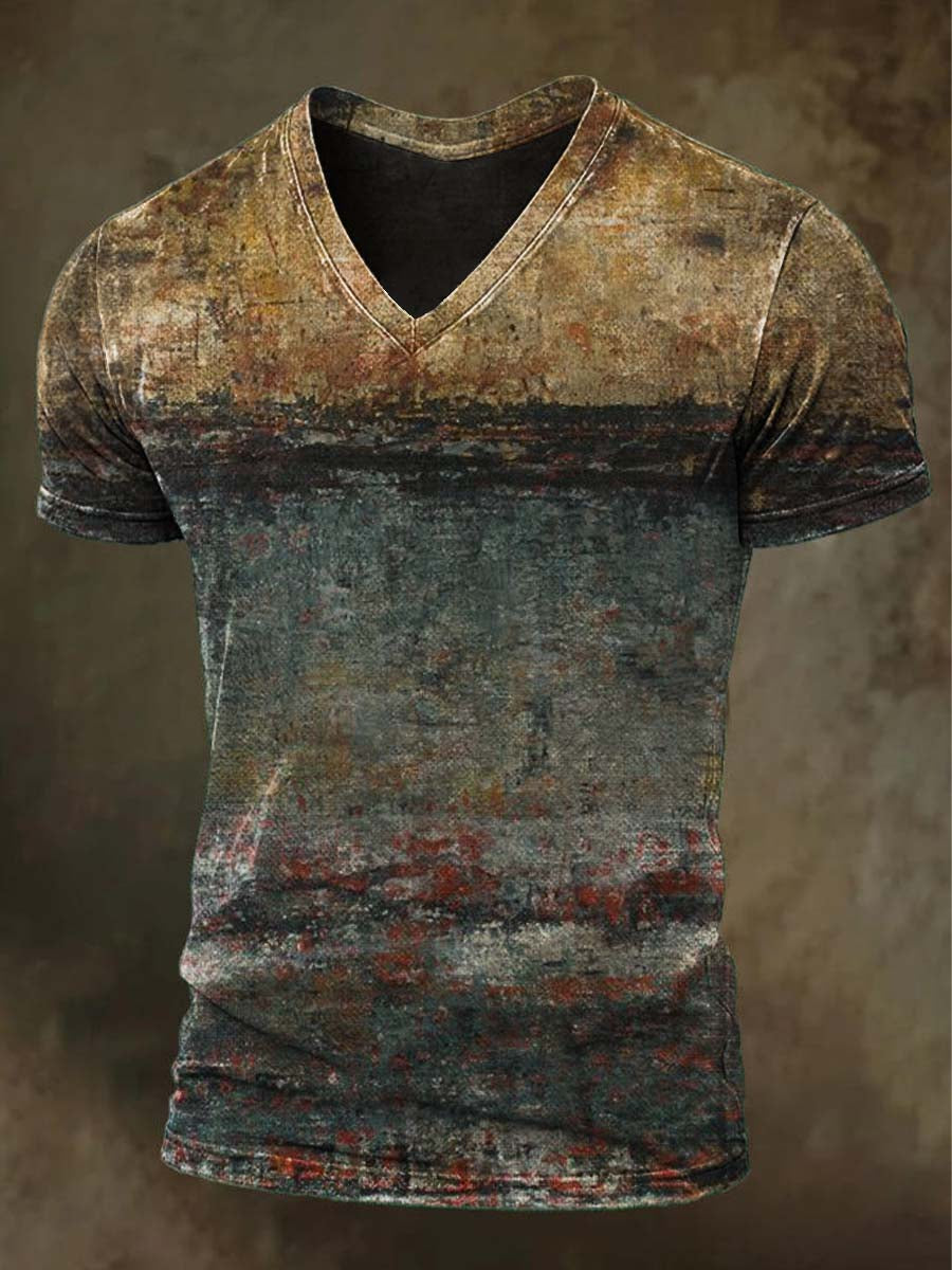 Rust-Colored Print Casual Short-Sleeved V-Neck T-Shirt