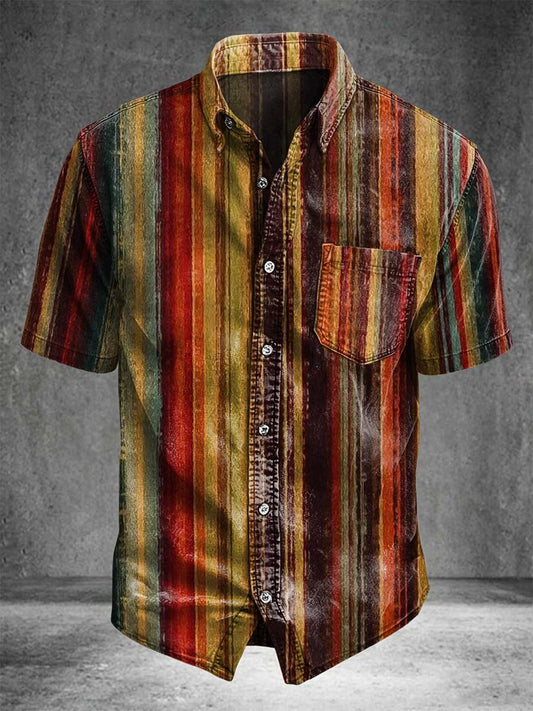 Retro Striped Print Casual Short-Sleeved Shirt