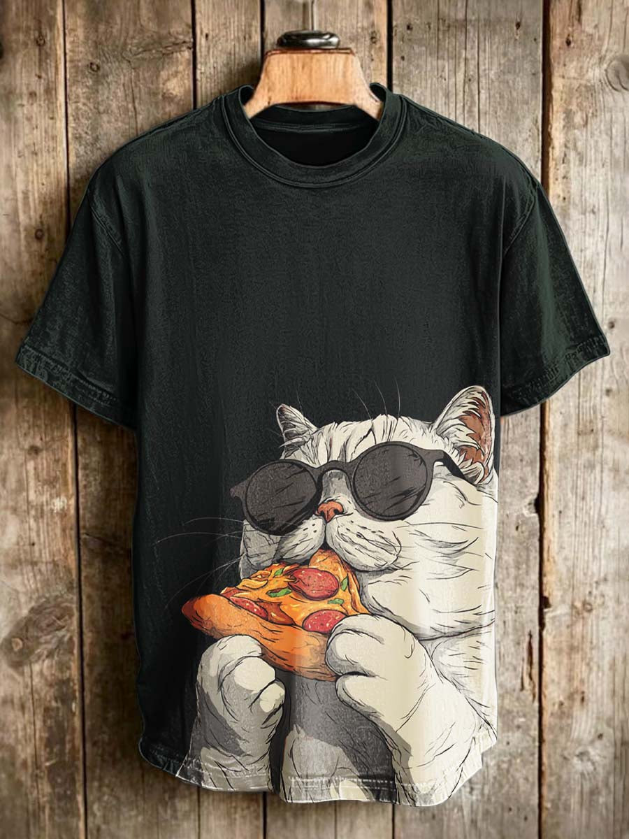 Funny Sunglasses, Pizza-Eating Cat Print Casual Short-Sleeved T-Shirt