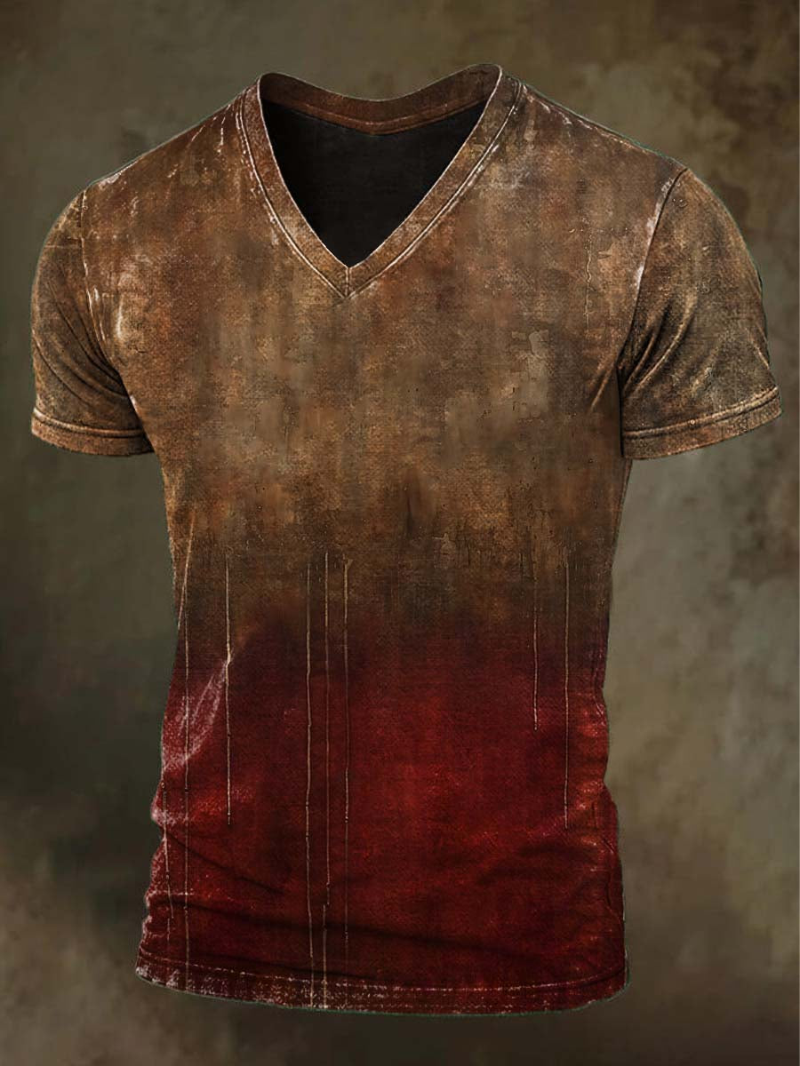 Rust Gradient Print Casual Short-Sleeve V-Neck T-Shirt