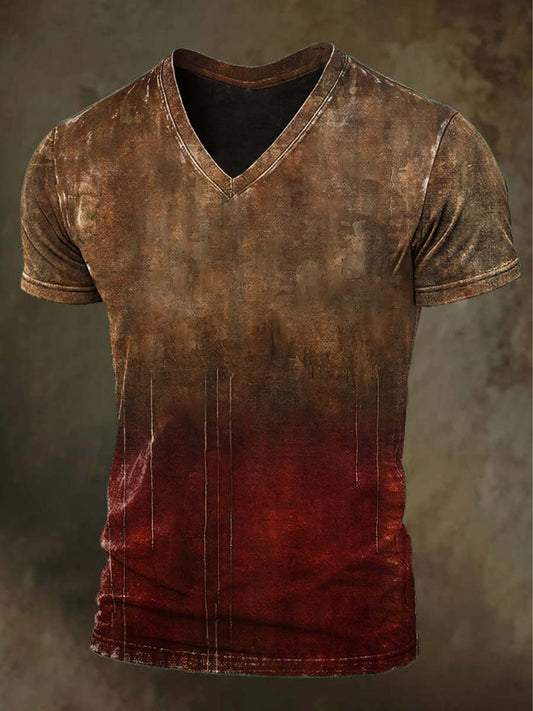 Rust Gradient Print Casual Short-Sleeve V-Neck T-Shirt