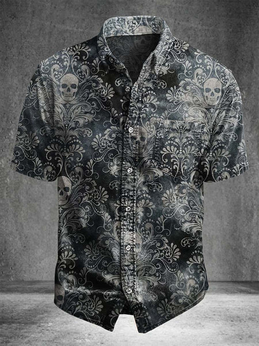 Skull Baroque Print Casual Short-Sleeve Shirt