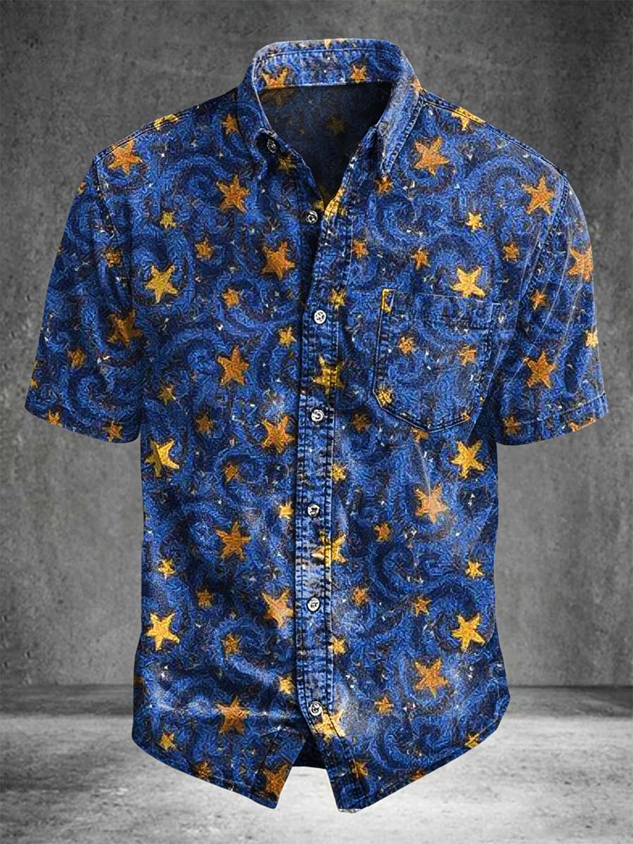 Distressed Gold Star Print Casual Short-Sleeved Shirt