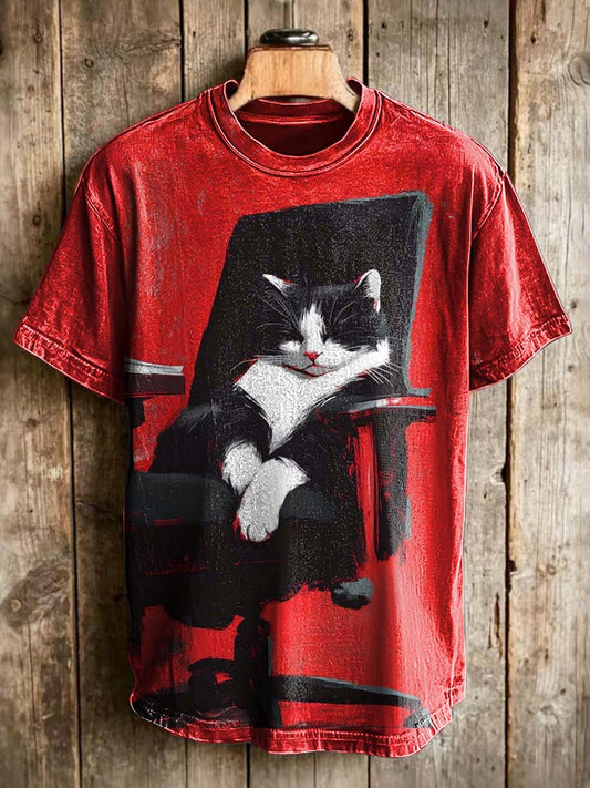 Funny Office Chair With Lazy Cat Print Casual Short-Sleeved T-Shirt