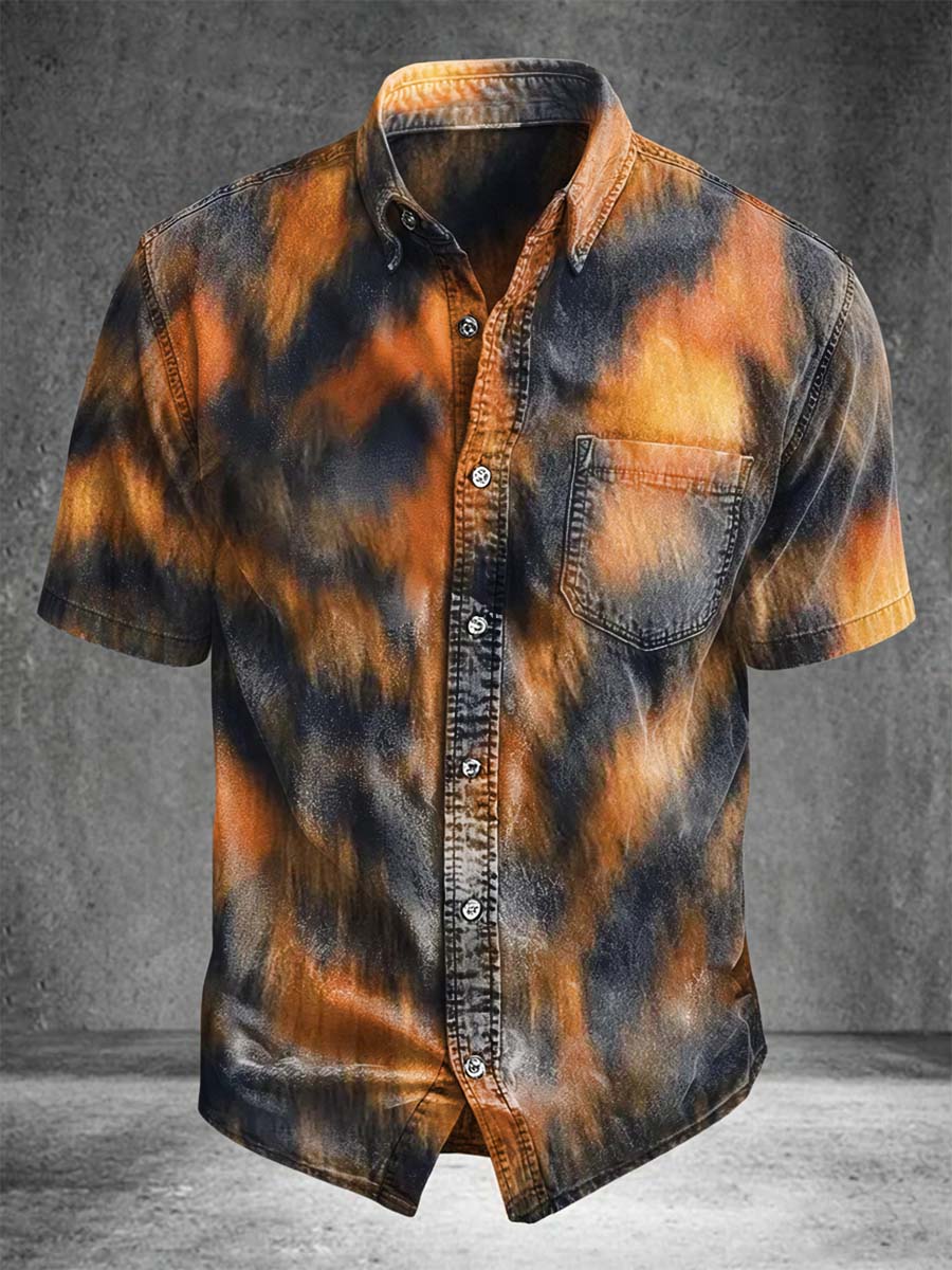 Color-Blocked Tie-Dye Printed Casual Short-Sleeved Shirt