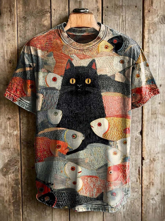 Koi and Black Cat Print Casual Short-Sleeve T-Shirt