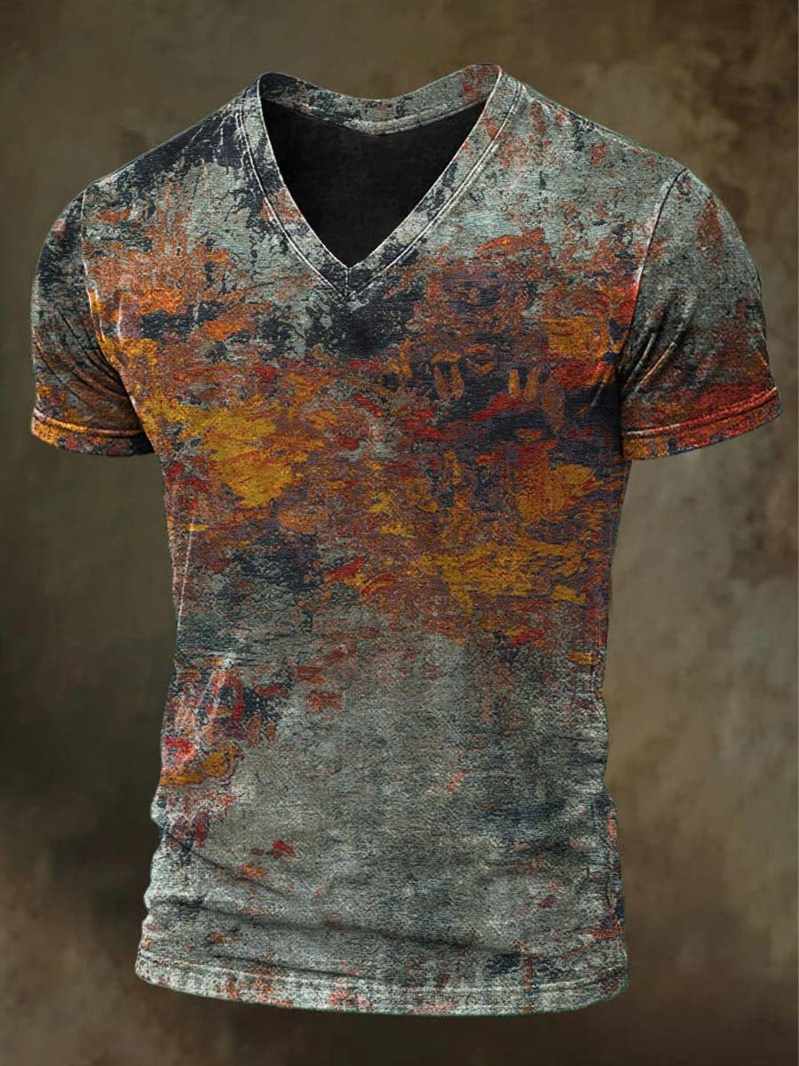 Oil Painting Texture Print Casual Short-Sleeved V-Neck T-Shirt