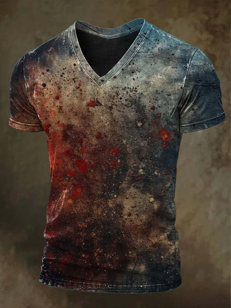 Distressed Print Casual Short-Sleeve V-Neck T-Shirt