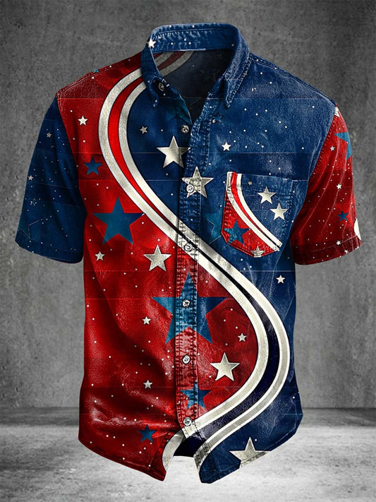 American Flag And Stars Print Casual Short-Sleeved Shirt