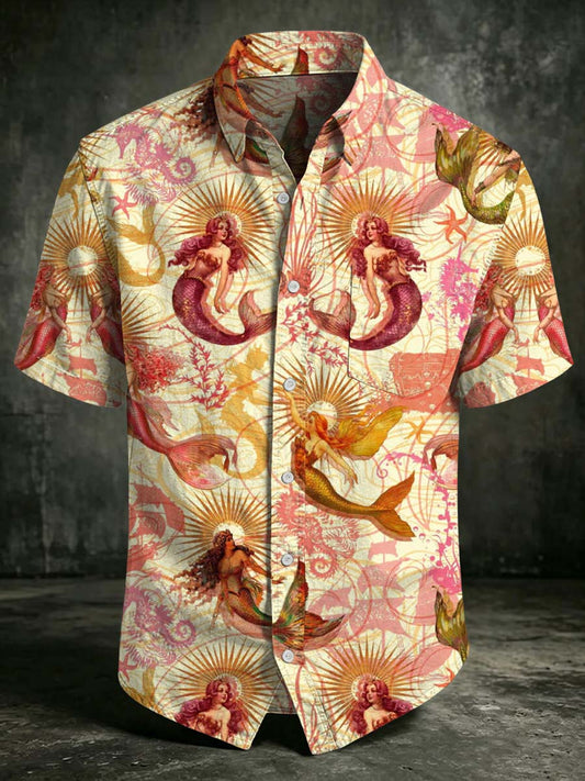 Retro Mermaid Print Casual Short-Sleeved Shirt