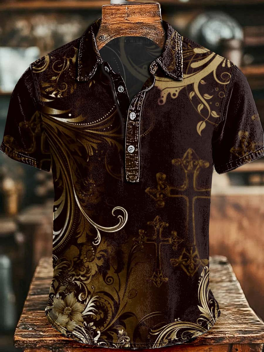 Baroque Print Casual Short-Sleeve Polo Shirt