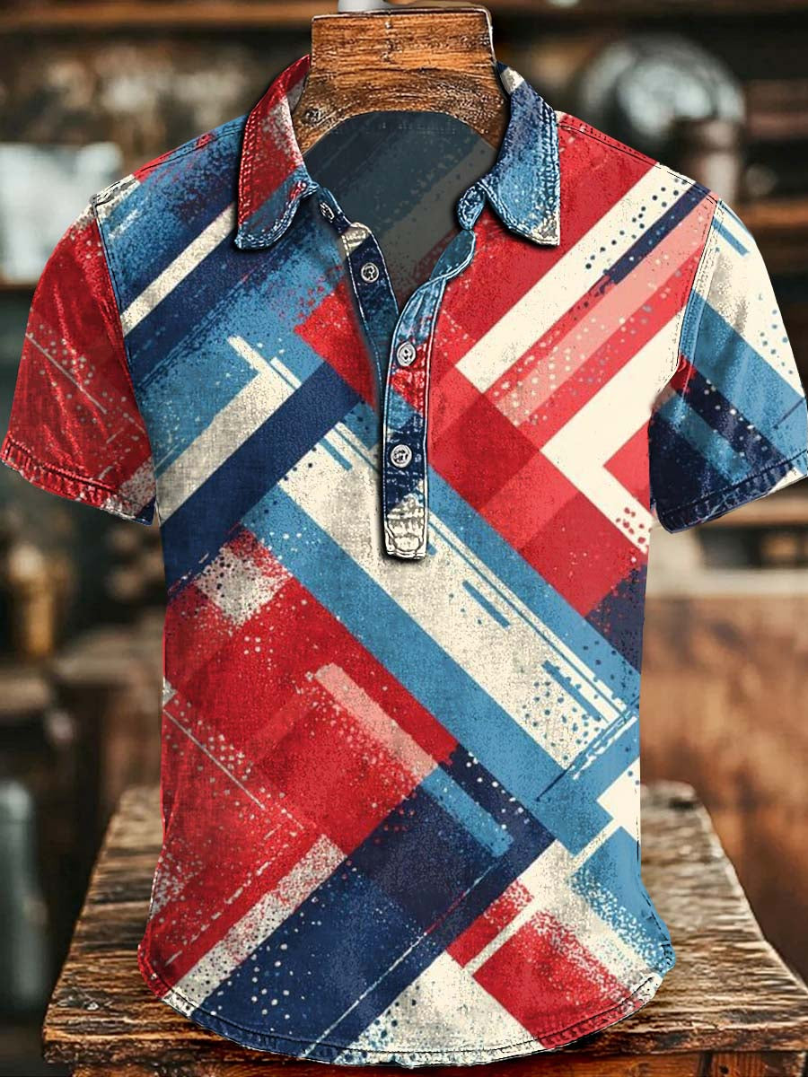 Geometric Patchwork National Flag Print Casual Short-Sleeved Polo Shirt