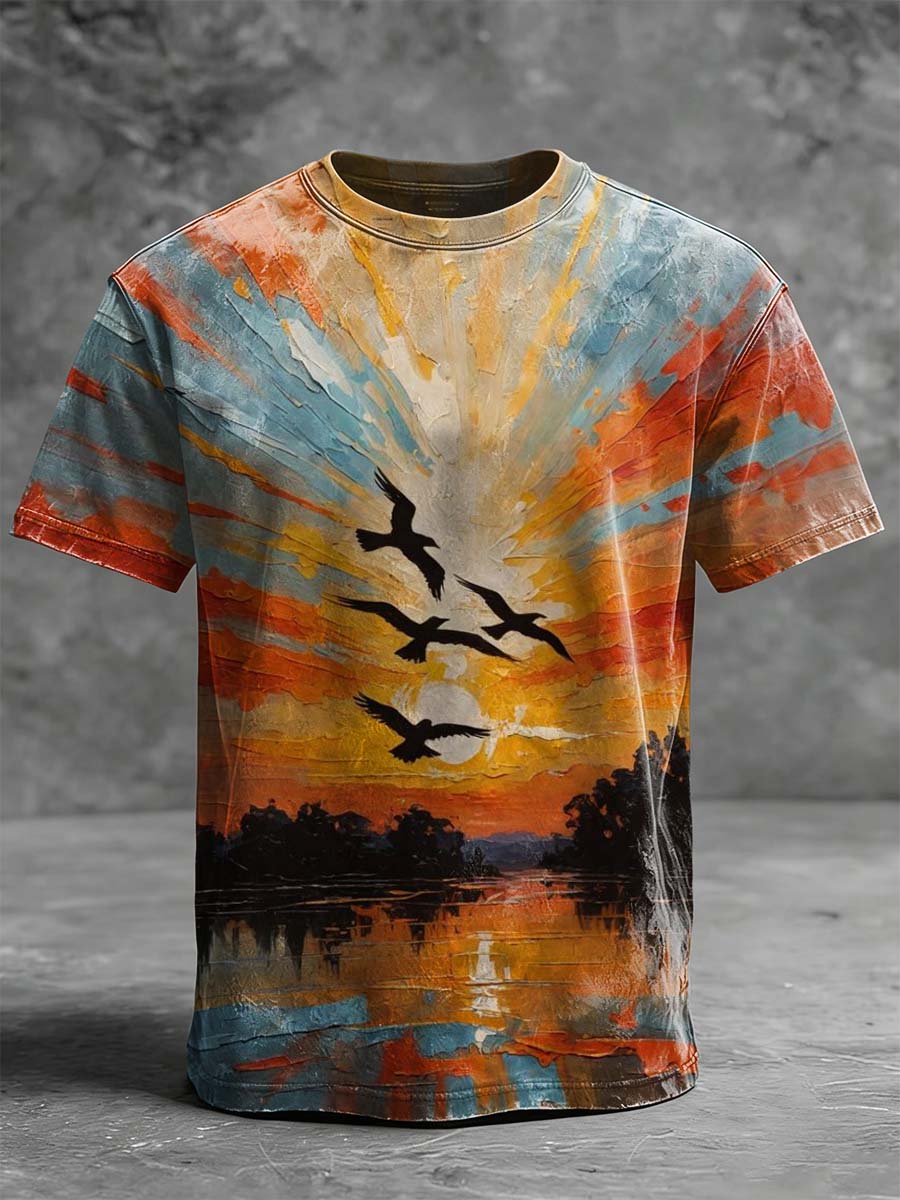 Sunset Bird Print Casual Short-Sleeve T-Shirt