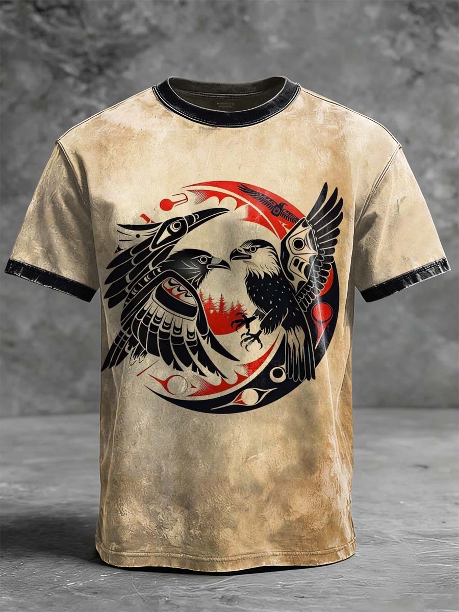Sun and Moon Bird Totem Print Casual Short-Sleeve T-Shirt
