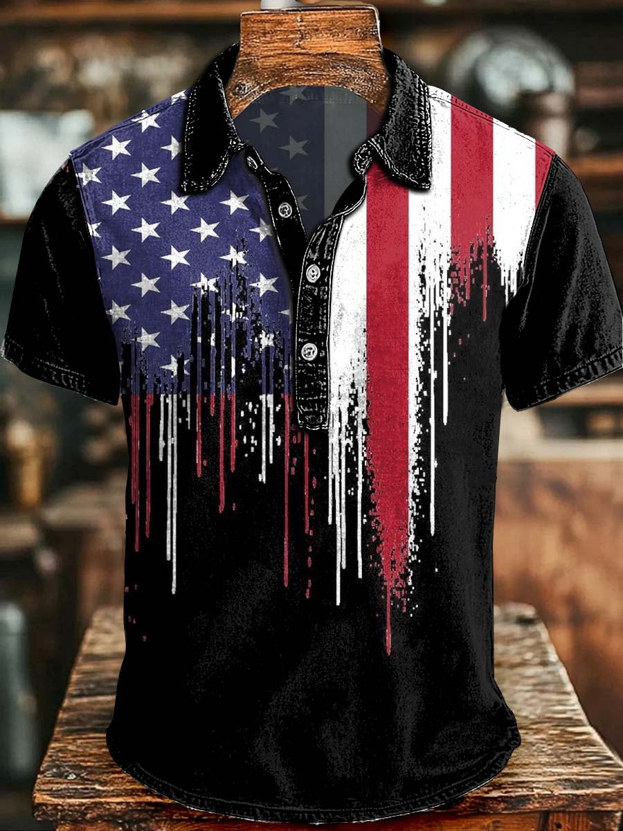 Ink-Print National Flag Print Casual Short-Sleeved Polo Shirt