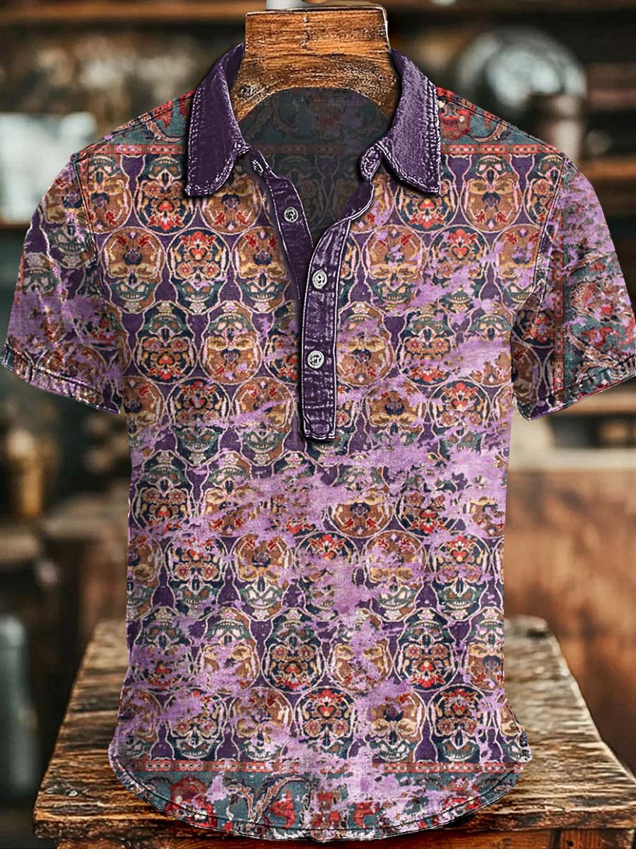 Sugar Skull Print Casual Short-Sleeve Polo Shirt