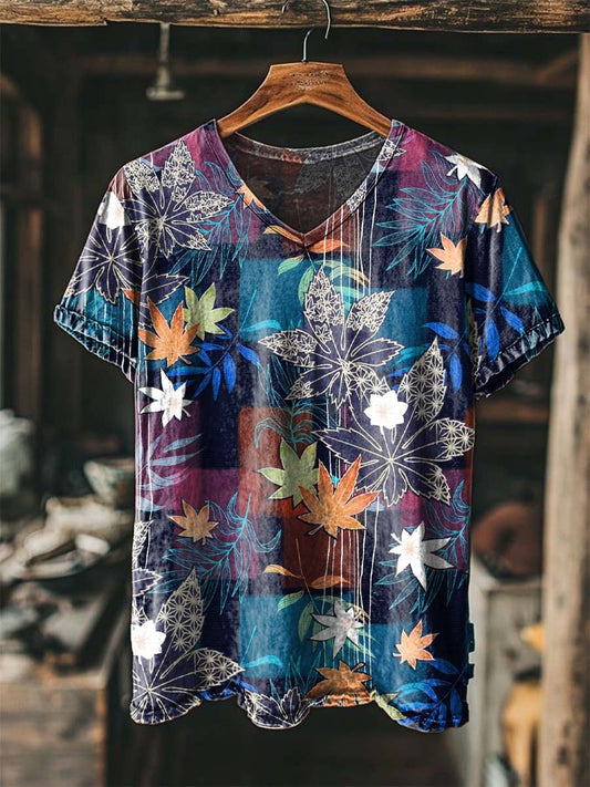 Maple Leaf Print Casual Short-Sleeve V-Neck T-Shirt