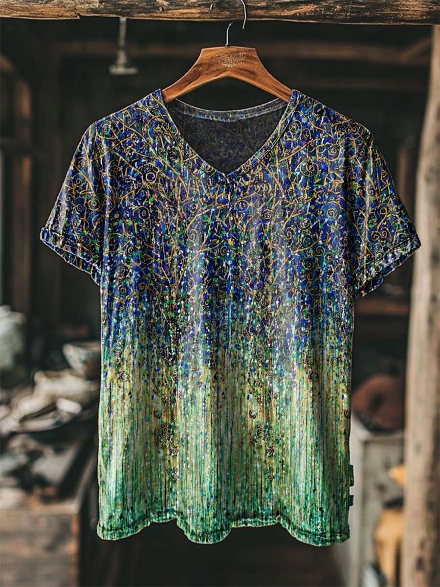 Gradient Starry Night Print Casual Short-Sleeve V-Neck T-Shirt