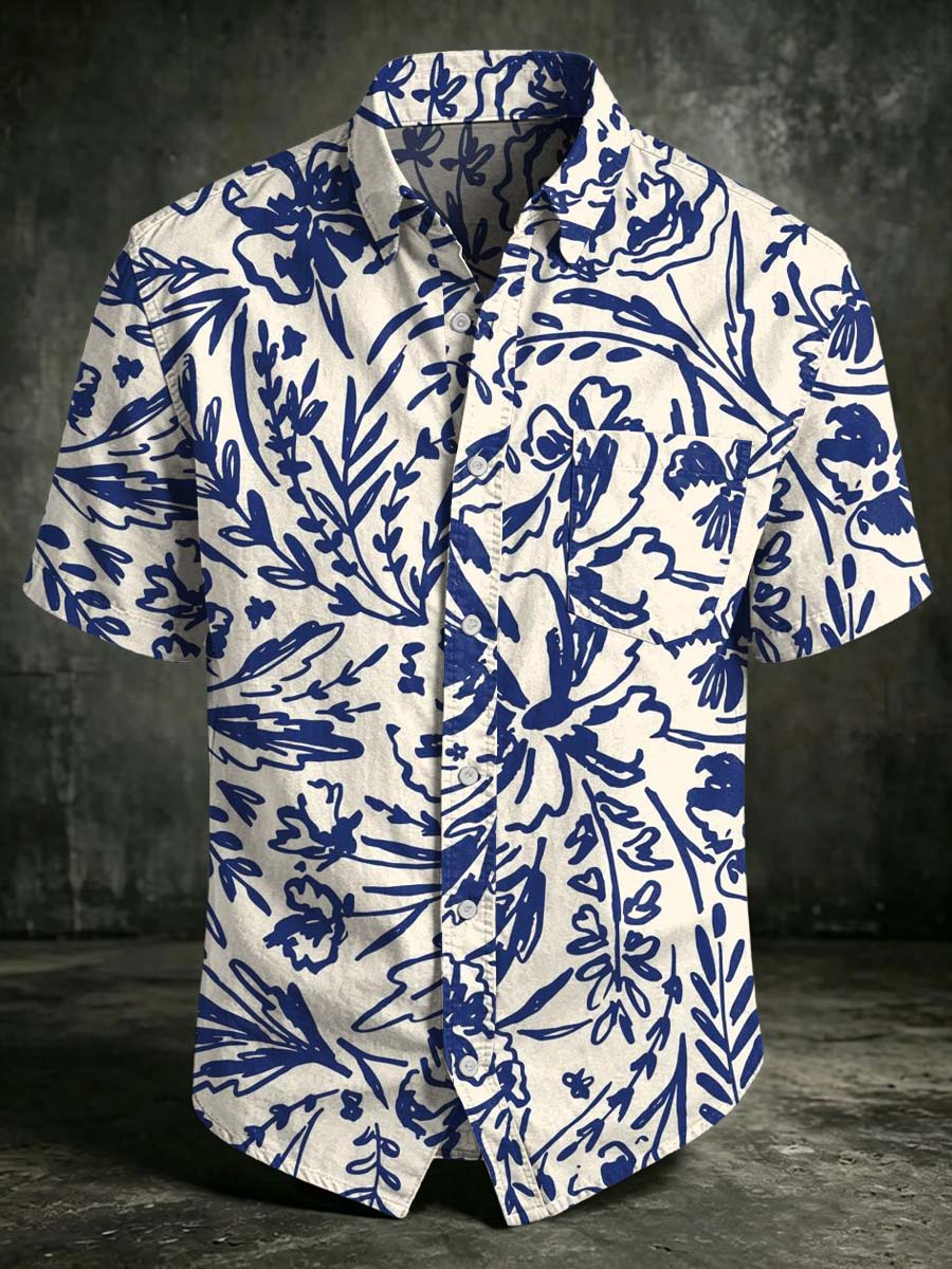 Retro Hand-Painted Floral Print Casual Short-Sleeved Shirt