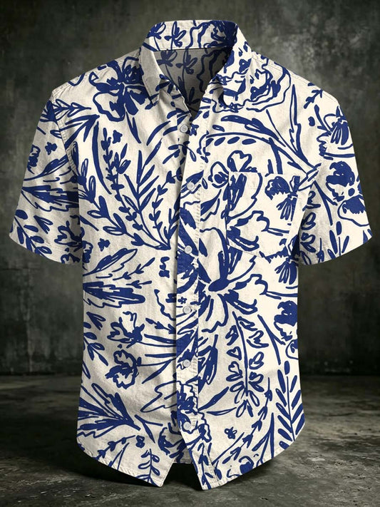 Retro Hand-Painted Floral Print Casual Short-Sleeved Shirt