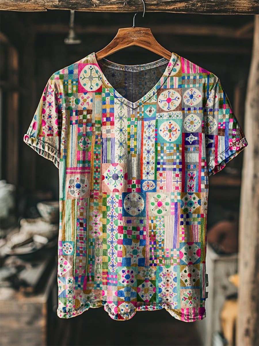 Ethnic Patchwork Print Casual Short-Sleeved V-Neck T-Shirt