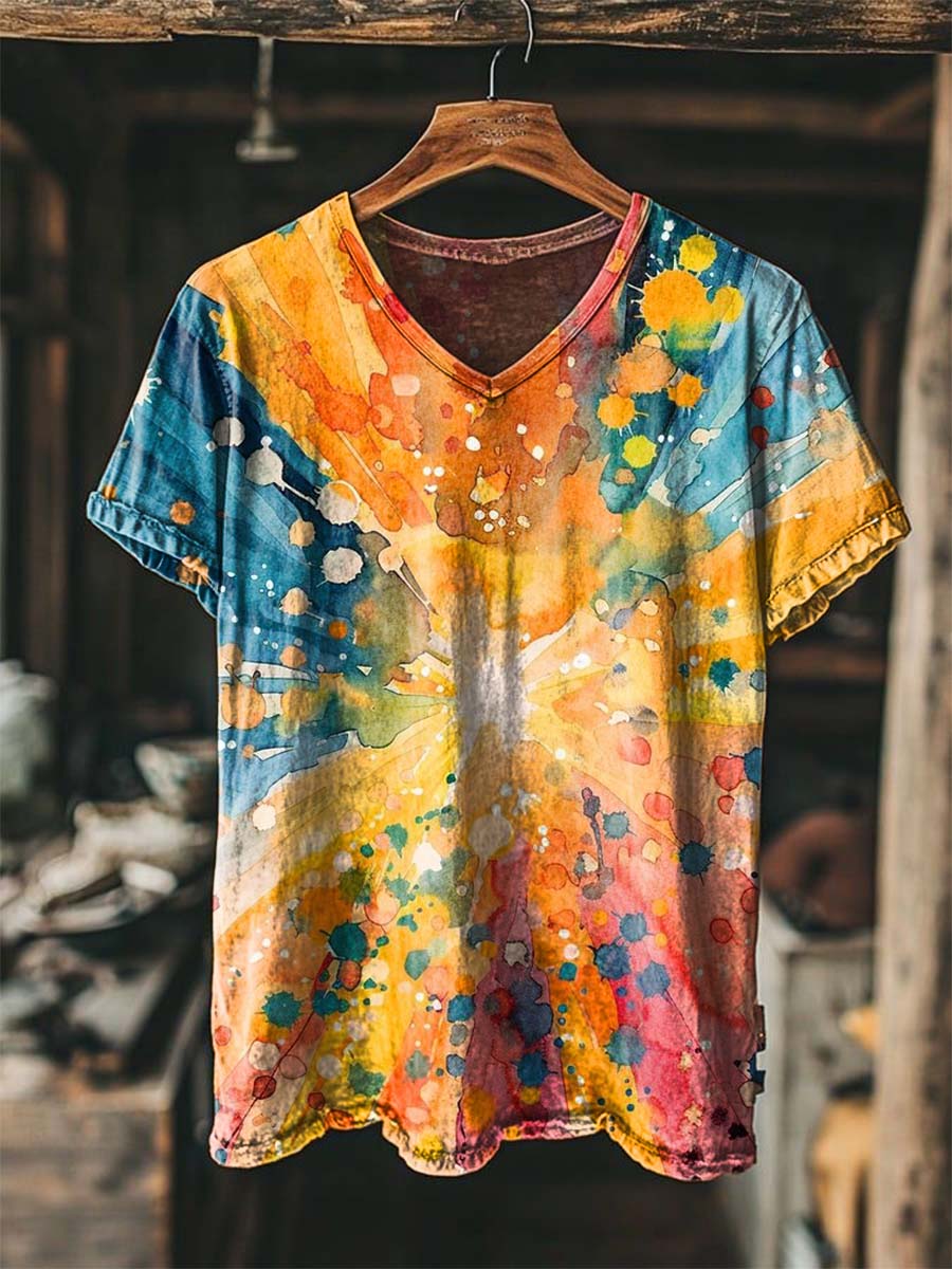 Watercolor Splatter Print Casual Short-Sleeved V-Neck T-Shirt