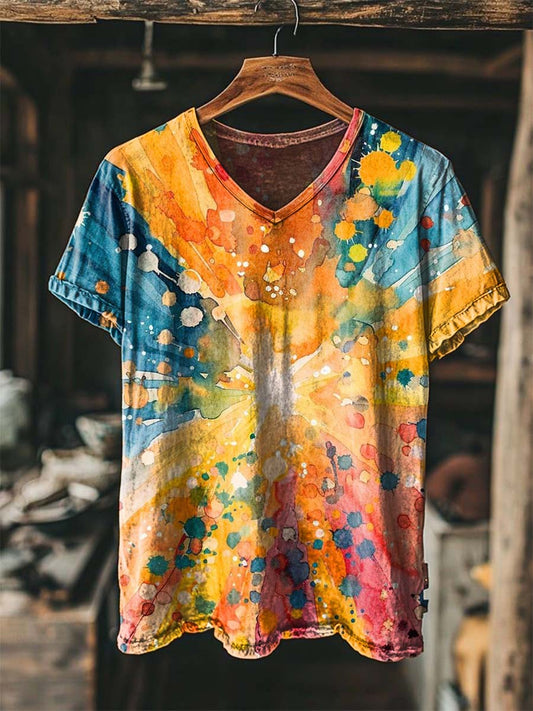 Watercolor Splatter Print Casual Short-Sleeved V-Neck T-Shirt