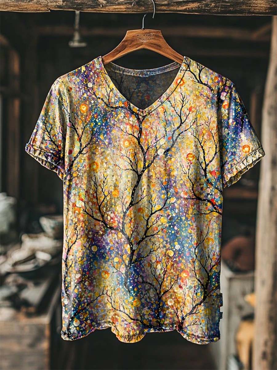 Dreamy Tree Shadow Print Casual Short-Sleeve V-Neck T-Shirt