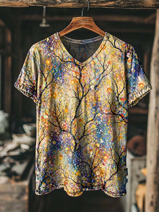 Dreamy Tree Shadow Print Casual Short-Sleeve V-Neck T-Shirt