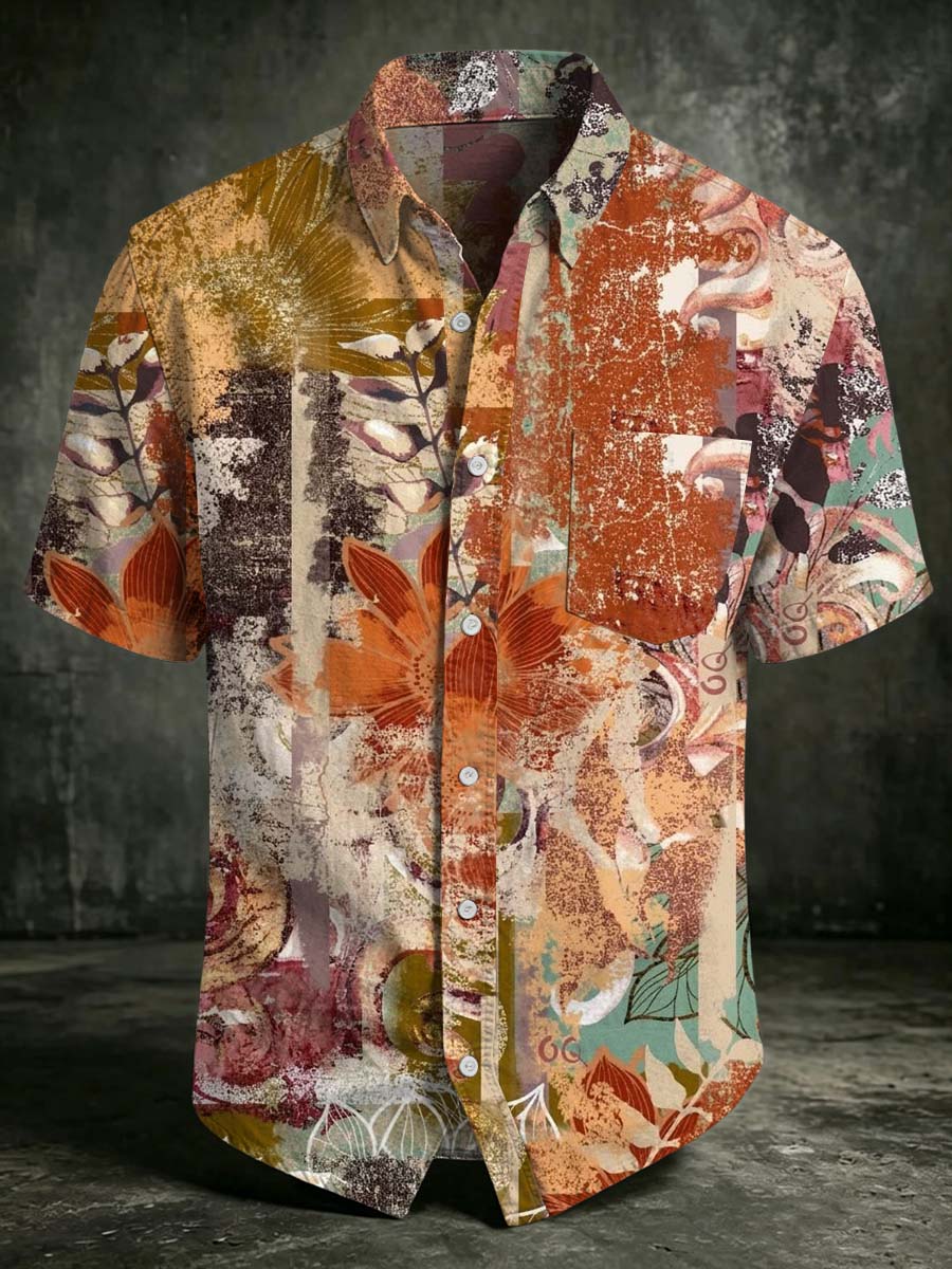 Vintage Distressed Floral Print Casual Short-Sleeved Shirt