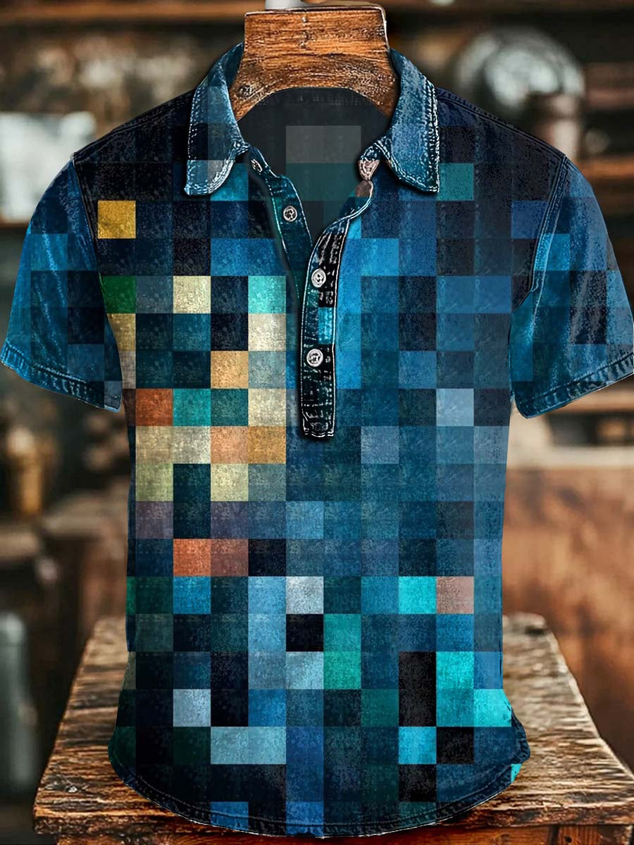 American Retro Denim Patchwork Print Casual Short-Sleeved Polo Shirt