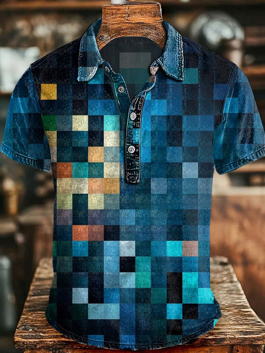 American Retro Denim Patchwork Print Casual Short-Sleeved Polo Shirt